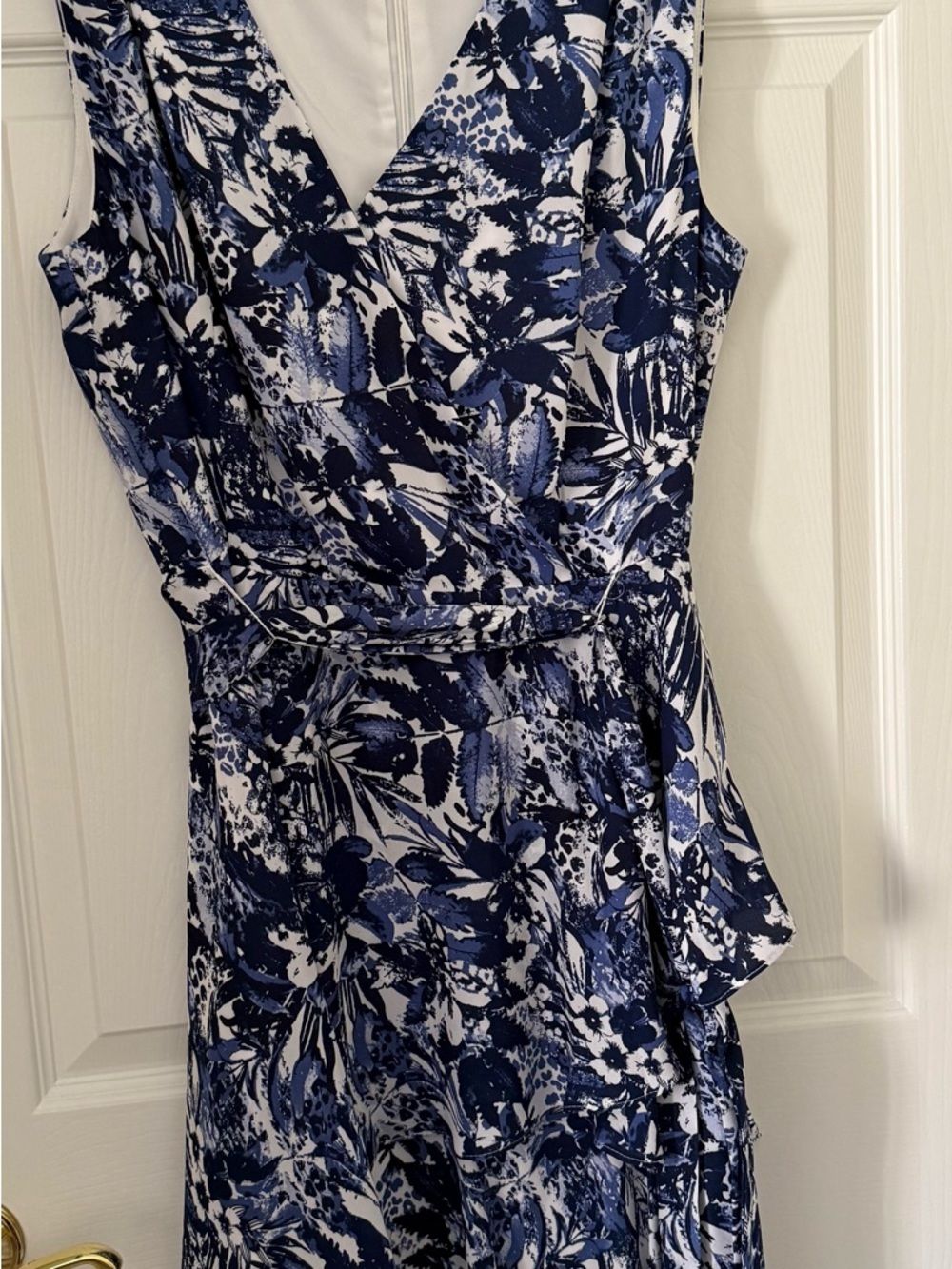 Tahari Navy and White Floral Maxi Wrap Dress